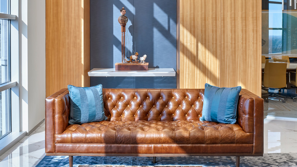 A brown leather couch.